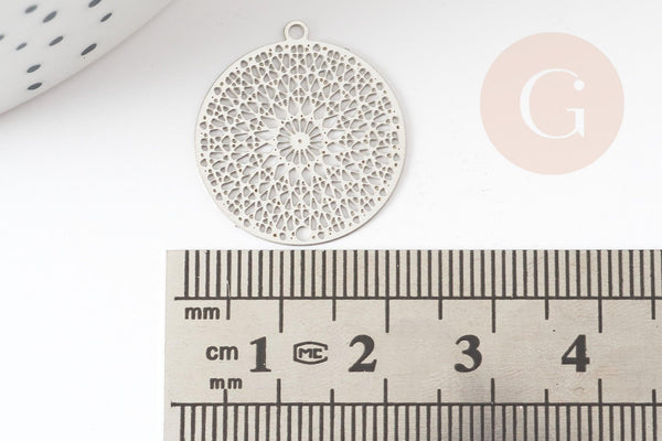 Pendentif estampe filigrane rond acier argent, Pendentif très fin et léger, 22x20mm,x2 (G4910)