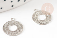 Pendentif estampe filigrane rond évidé motif géométrique laiton platine 14mm, Pendentif léger création bijoux argent, x2 (G9295)