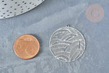 Pendentif estampe filigrane rond feuille acier 201 inoxydable argenté 31.5mm, Pendentif très fin et léger, x 2 (G8261)