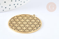 Pendentif estampe filigrane rond fleur de vie acier inoxydable 201 doré 42mm, création bijoux acier inoxydable, x1 G7256