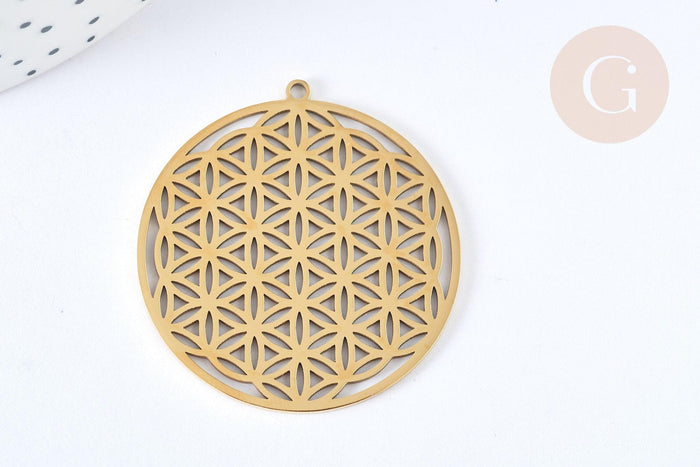 Pendentif estampe filigrane rond fleur de vie acier inoxydable 201 doré 42mm, création bijoux acier inoxydable, x1 G7256