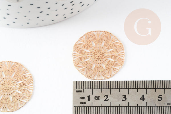 Pendentif estampe filigrane rond fleur laiton doré 30mm, Pendentif très fin et léger pour création de bijoux DIY x2 G9205
