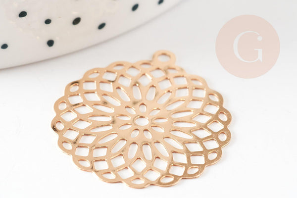 Pendentif estampe filigrane rond fleur laiton doré 30mm, Pendentif très fin et léger pour création de bijoux, x2 G9276