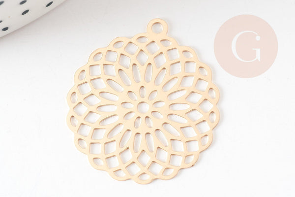 Pendentif estampe filigrane rond fleur laiton doré 30mm, Pendentif très fin et léger pour création de bijoux, x2 G9276