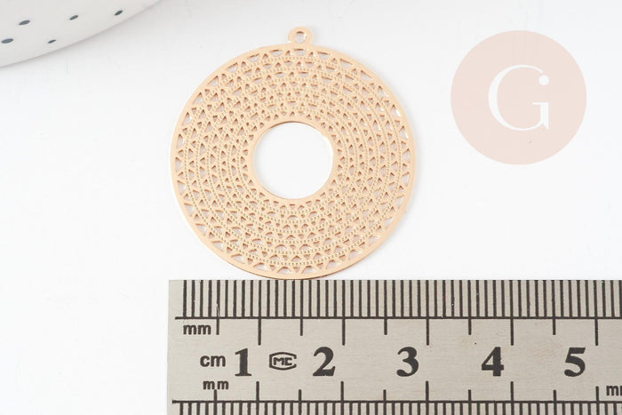 Pendentif estampe filigrane rond géométrique évidé laiton doré 32.5mm, Pendentif très fin et léger pour création de bijoux, x2 G9274