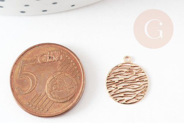 Pendentif estampe filigrane rond motif vagues laiton doré clair 14mm, Pendentif léger pour création bijoux or, x2 (G9293)