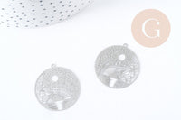 Pendentif estampe filigrane rond paysage acier 201 inoxydable argenté 32mm, Pendentif très fin et léger x1, (G8937)