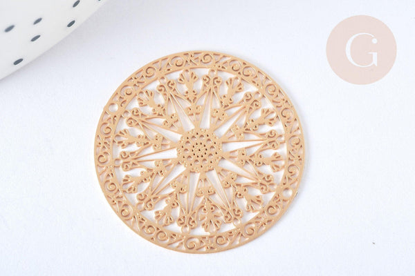 Pendentif estampe filigrane rond rosace laiton doré 30mm, Pendentif léger, x2 G7249