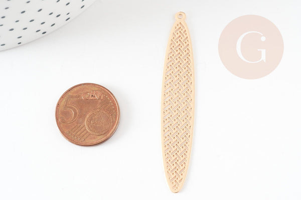 Pendentif estampe ovale motif géométrique laiton dore 61mm,breloque sans nickel pour création bijoux x2 (G9306)