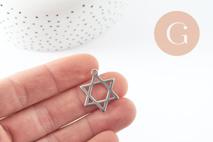 Pendentif étoile David acier 304 inoxydable argent 25mm, x1 (G9824)