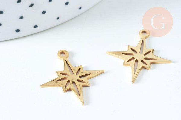 Pendentif étoile du nord acier 201 inoxydable doré 24mm, breloque acier inoxydable doré sans nickel, x1 G5730