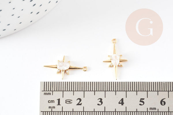 Pendentif étoile laiton doré 18K zircon, pendentif doré,porte-bonheur,bijou constellation,création bijoux,21.5mm, x1 G5246