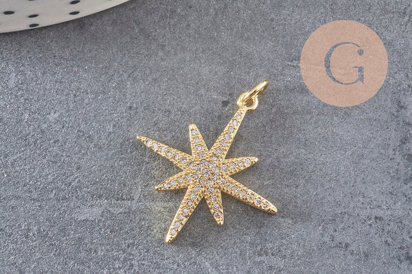 Pendentif étoile laiton doré cristal zircon 25mm, x1 (G0476)