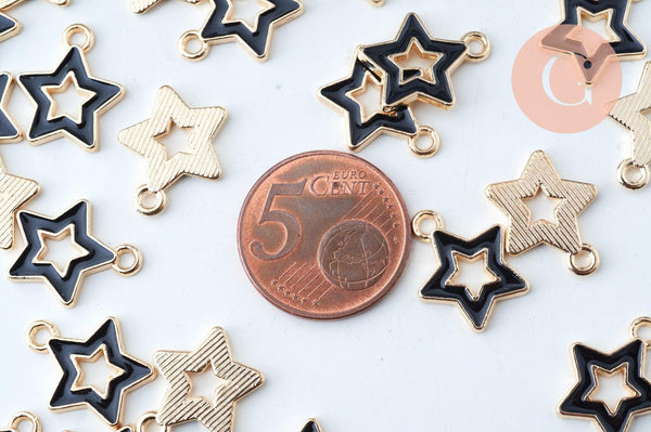 Pendentif étoile zamac doré émail noir 16mm, x5 (G6090)