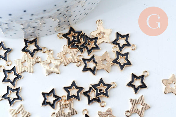 Pendentif étoile zamac doré émail noir 16mm, x5 (G6090)