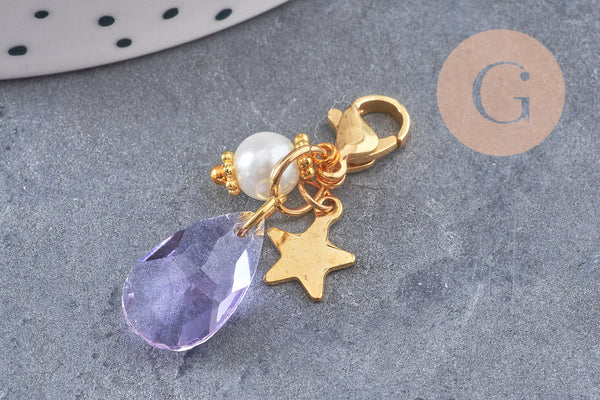 Pendentif fermoir cristal facetté acier inoxydable doré 34mm, pendentif perle en verre, fabrication de porte clés, x1 (G7102)