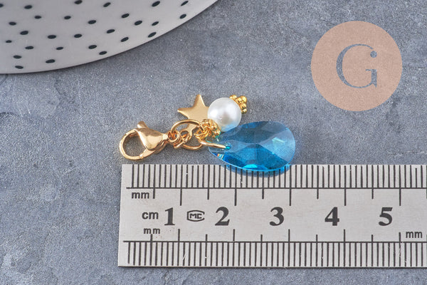 Pendentif fermoir cristal facetté acier inoxydable doré 34mm, pendentif perle en verre, fabrication de porte clés, x1 (G7102)