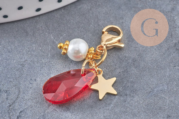 Pendentif fermoir cristal facetté acier inoxydable doré 34mm, pendentif perle en verre, fabrication de porte clés, x1 (G7102)