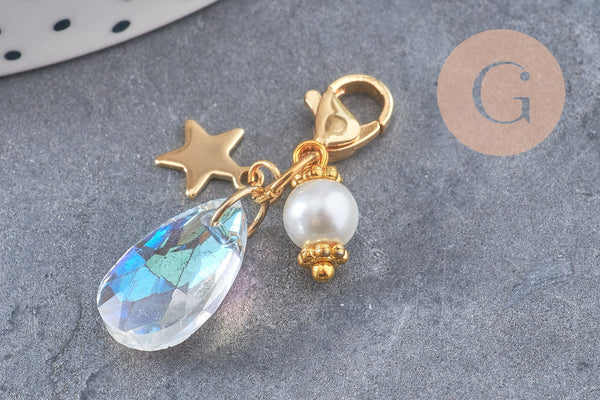 Pendentif fermoir cristal facetté acier inoxydable doré 34mm, pendentif perle en verre, fabrication de porte clés, x1 (G7102)