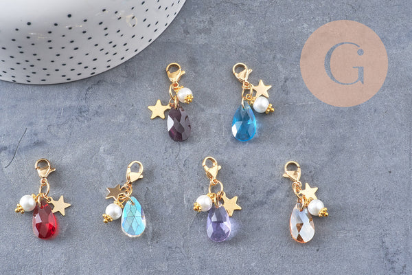 Pendentif fermoir cristal facetté acier inoxydable doré 34mm, pendentif perle en verre, fabrication de porte clés, x1 (G7102)