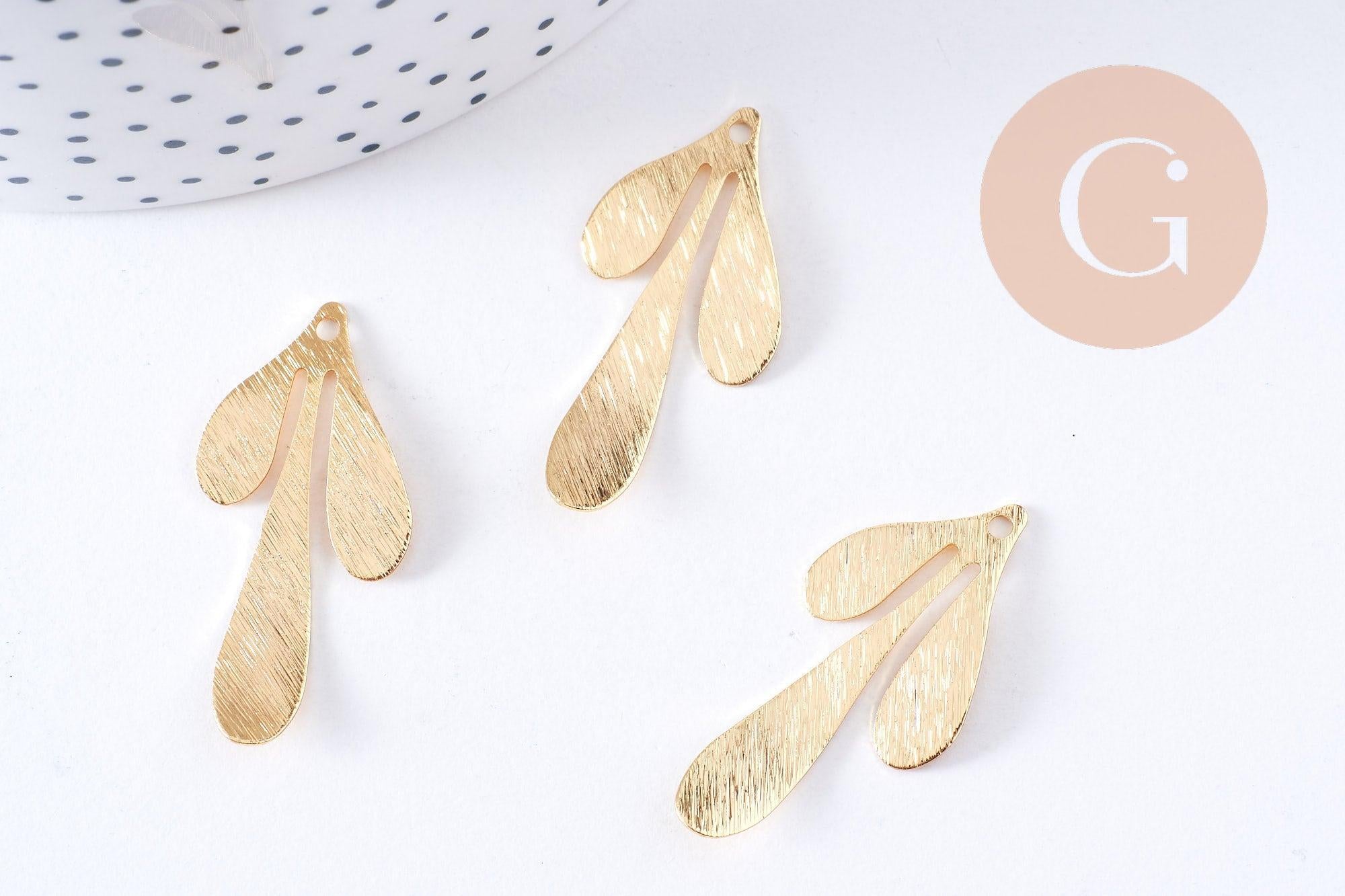 Pendentif feuille brossé laiton doré 18K 35.5mm, x1 (G6259)