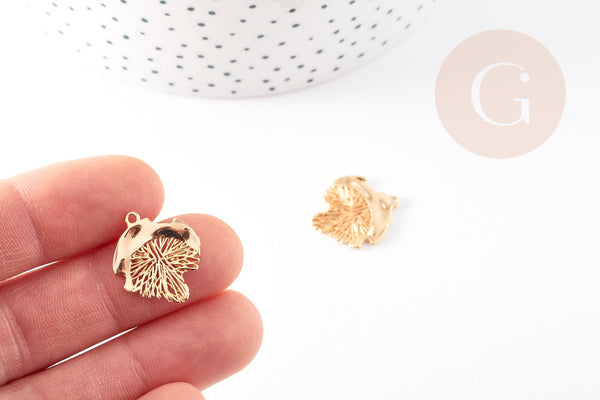 Pendentif feuille dentelle laiton doré 18K - 21x18mm, x2 G3562