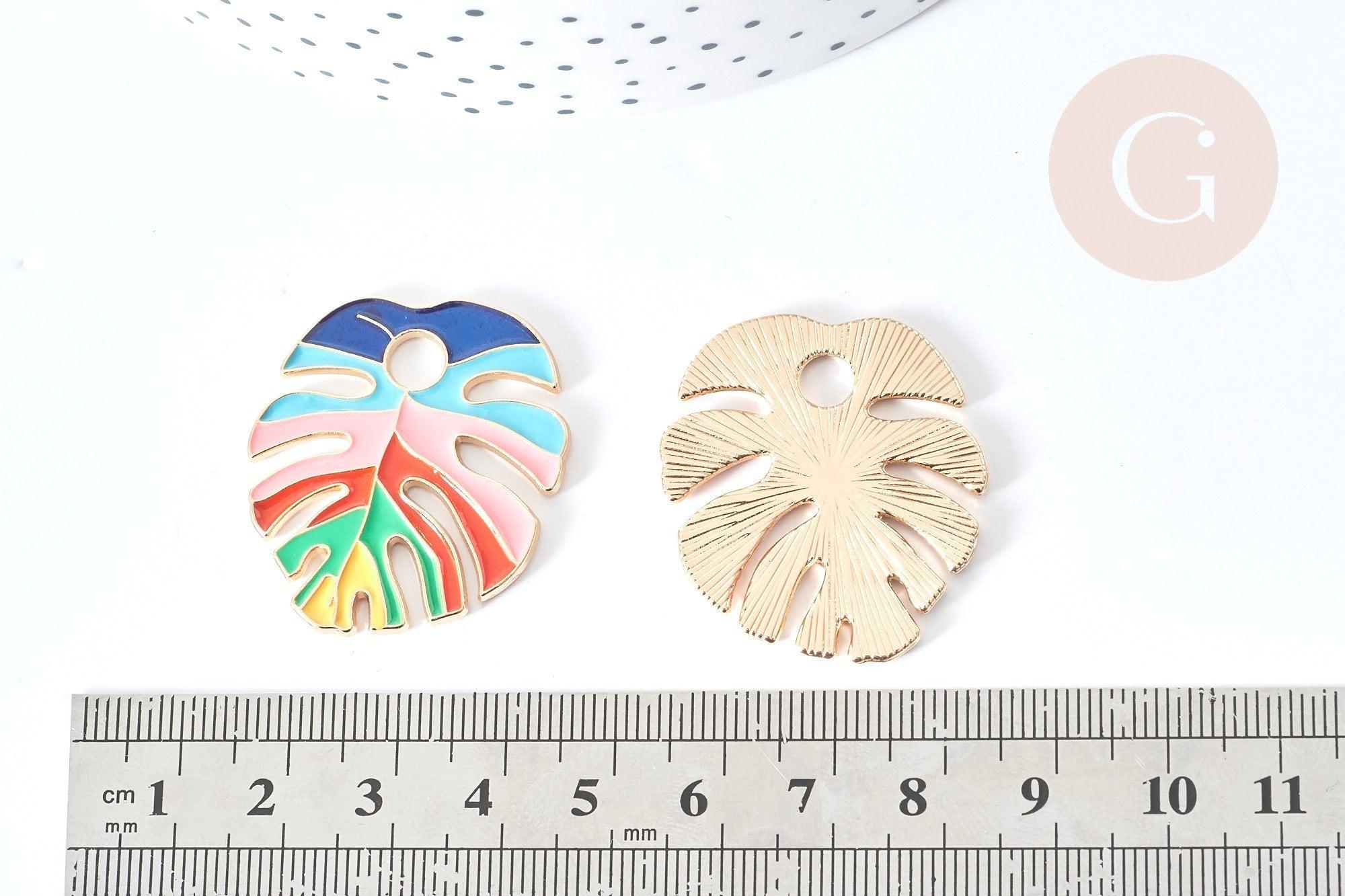 Pendentif feuille monstera zamac doré émaux colorés 33.5x30mm, Pendentif très fin et léger pour création de bijoux, x1 G8083