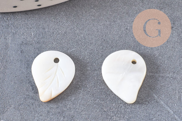Pendentif feuille nacre blanche naturelle 17mm, x5 (G0909)