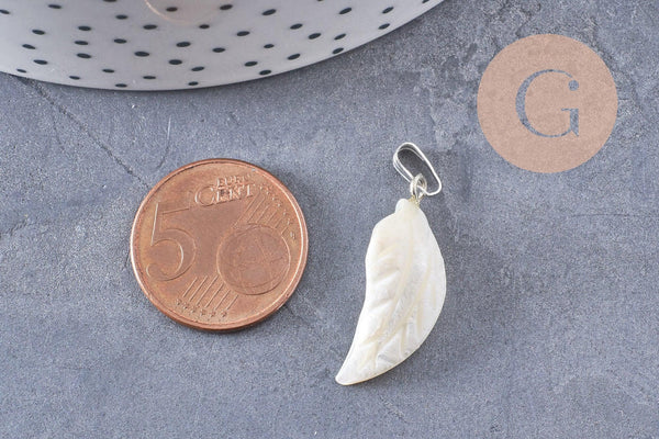 Pendentif feuille nacre naturelle zamac platine 27-29mm,création bijou nacre x1 (G10088)