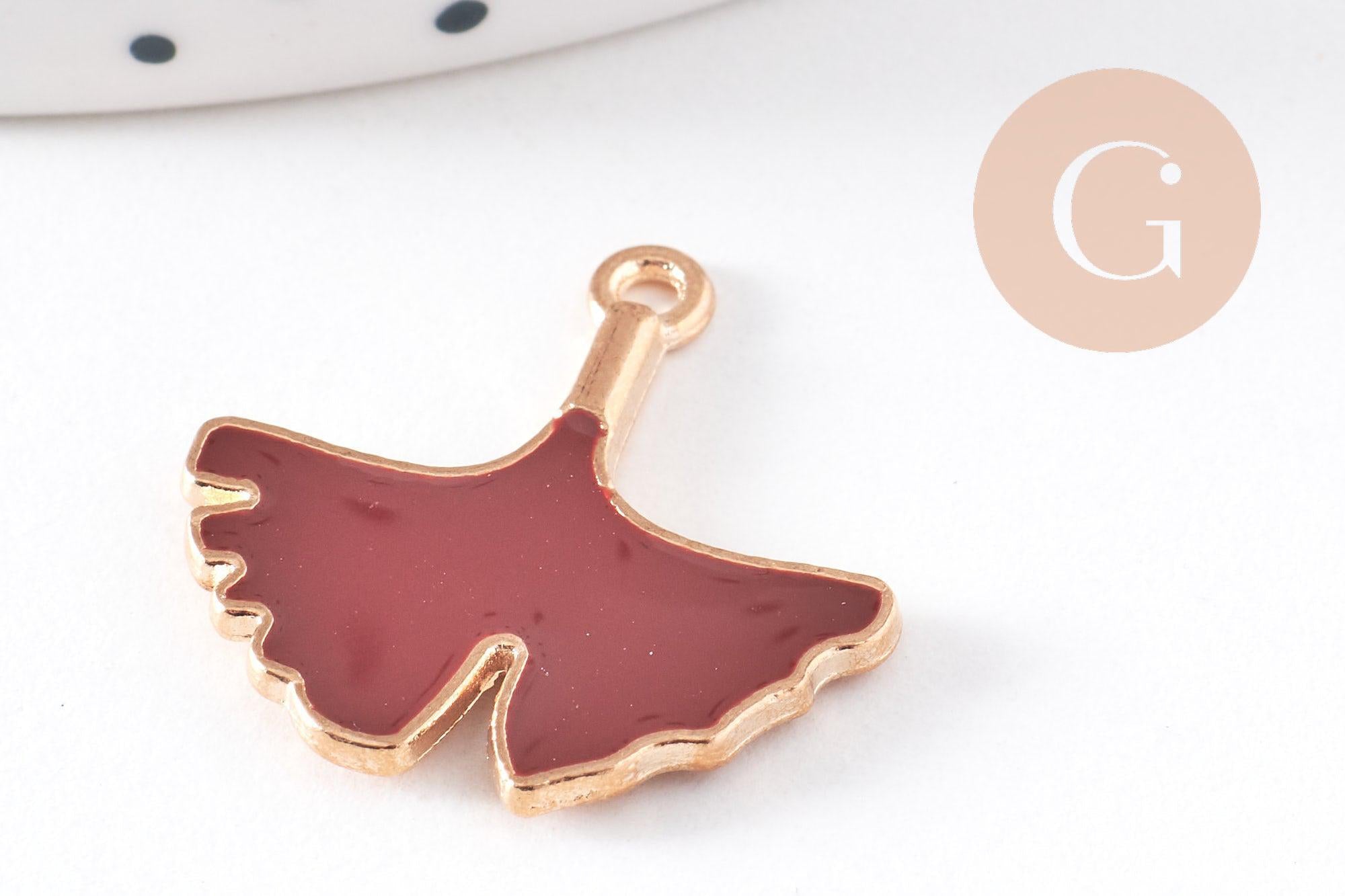 Pendentif feuilles gingko zamac doré émail bordeau,breloque laiton feuille Gingko pour création bijoux doré,22.5mm, x2 (G5285)