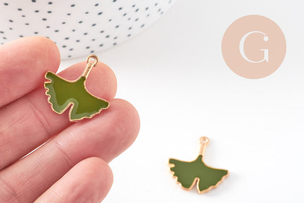 Pendentif feuilles gingko zamac doré émail vert,breloque laiton feuille Gingko pour création bijoux doré, 22.5mm, x2 (G5282)