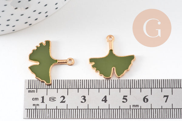Pendentif feuilles gingko zamac doré émail vert,breloque laiton feuille Gingko pour création bijoux doré, 22.5mm, x2 (G5282)