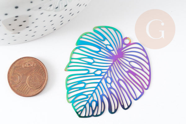 Pendentif filigrane feuille monsterosa acier 201 inoxydable multicolore 50x45mm,x2 (G4114)
