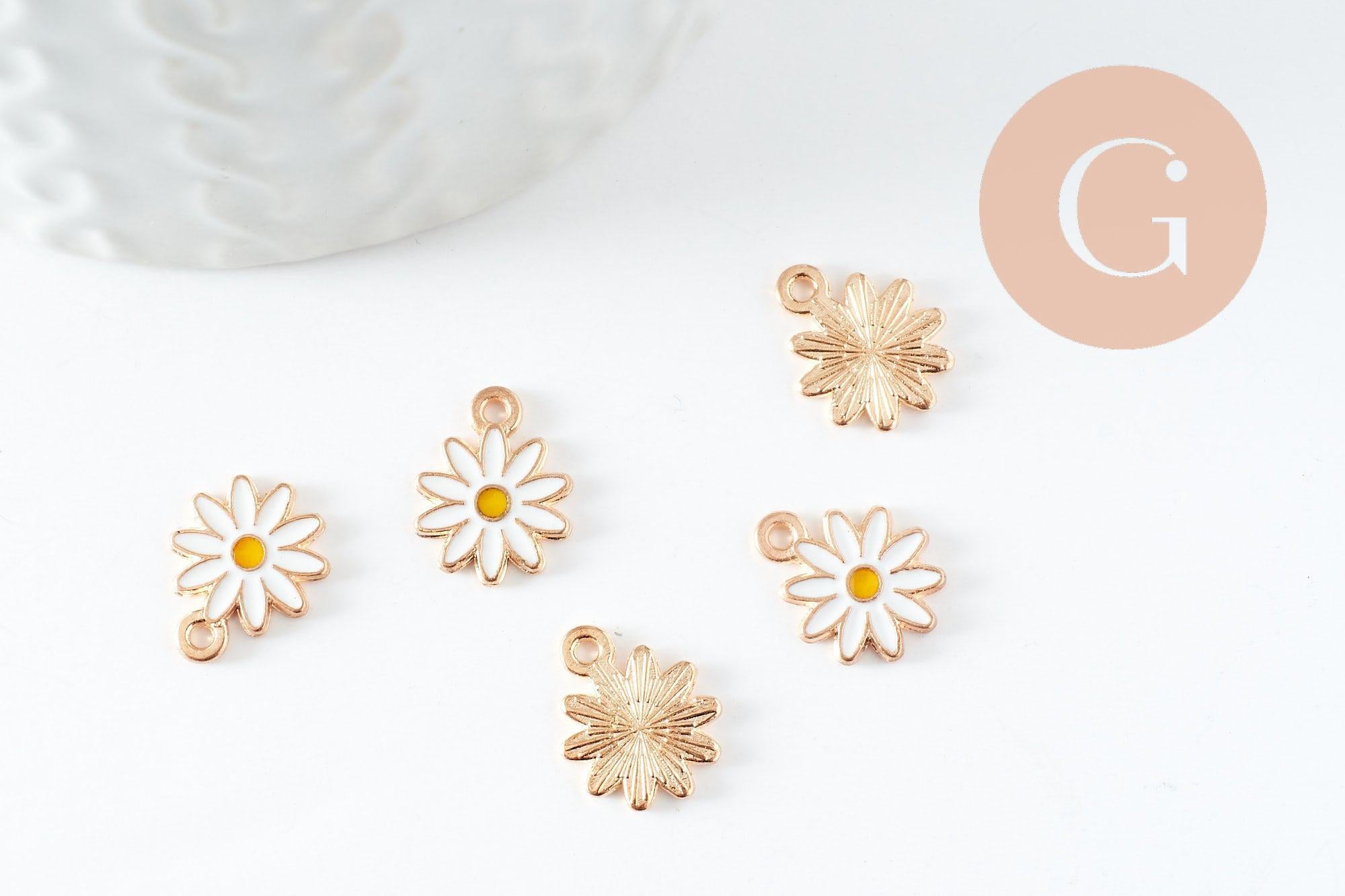 Pendentif fleur Marguerite doré émaillé zamac doré 13mm, x5 (G3967)