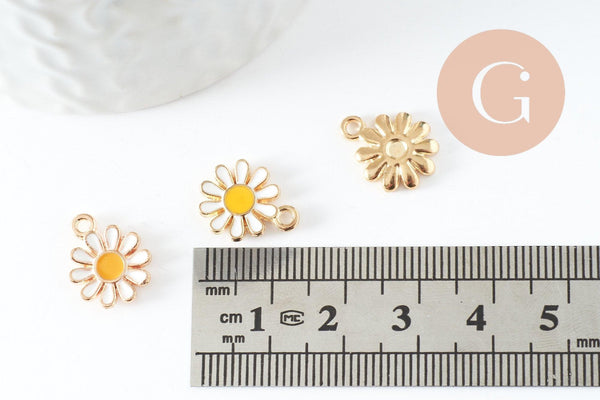 Pendentif fleur Marguerite doré émaillé zamac doré 14mm, x2 (G3657)