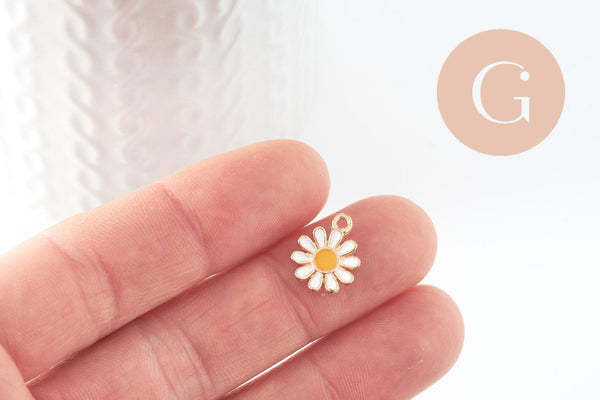 Pendentif fleur Marguerite doré émaillé zamac doré 14mm, x2 (G3657)
