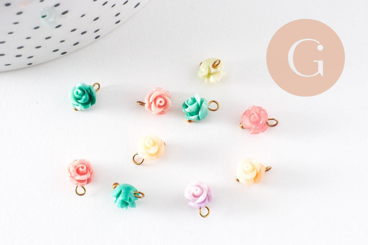 Pendentif fleur de rose résine multicolore support laiton doré 9x7mm, x10 (G4571)