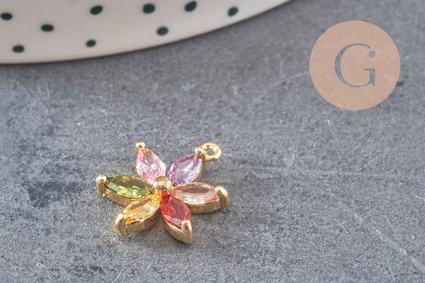 Pendentif fleur doré 24 carats zircon multicolore,pendentif doré cristal, 17mm, x1 (G5525)
