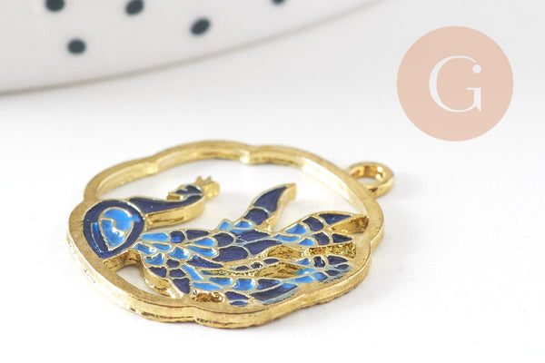 Pendentif fleur paon émail bleu zamac doré 25mm, x2 (G4276)