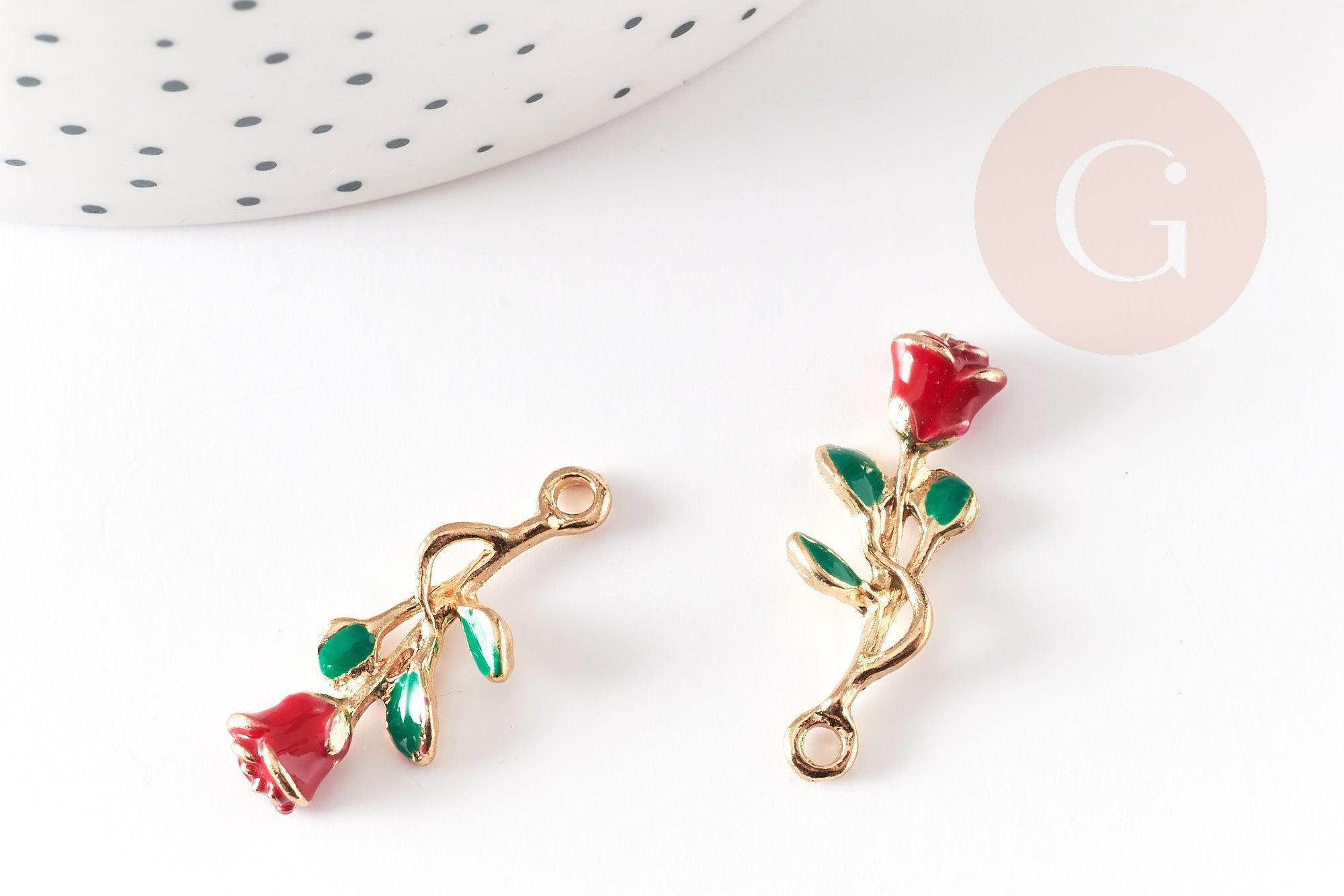Pendentif fleur rose émail rouge, Pendentif zamac doré, bijou laiton,fleur création bijoux,pendentif zamac doré,28mm, x1 G3712