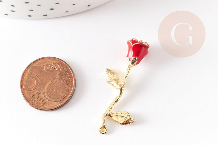 Pendentif fleur rose émail rouge laiton brut 38mm, x1 (G5299)