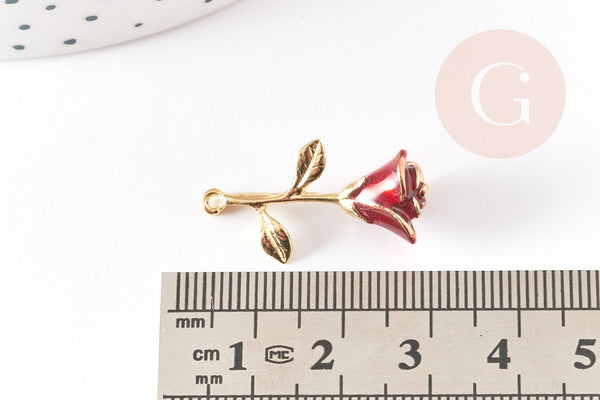 Pendentif fleur rose émail rouge laiton doré 27mm, x1 (G3245)