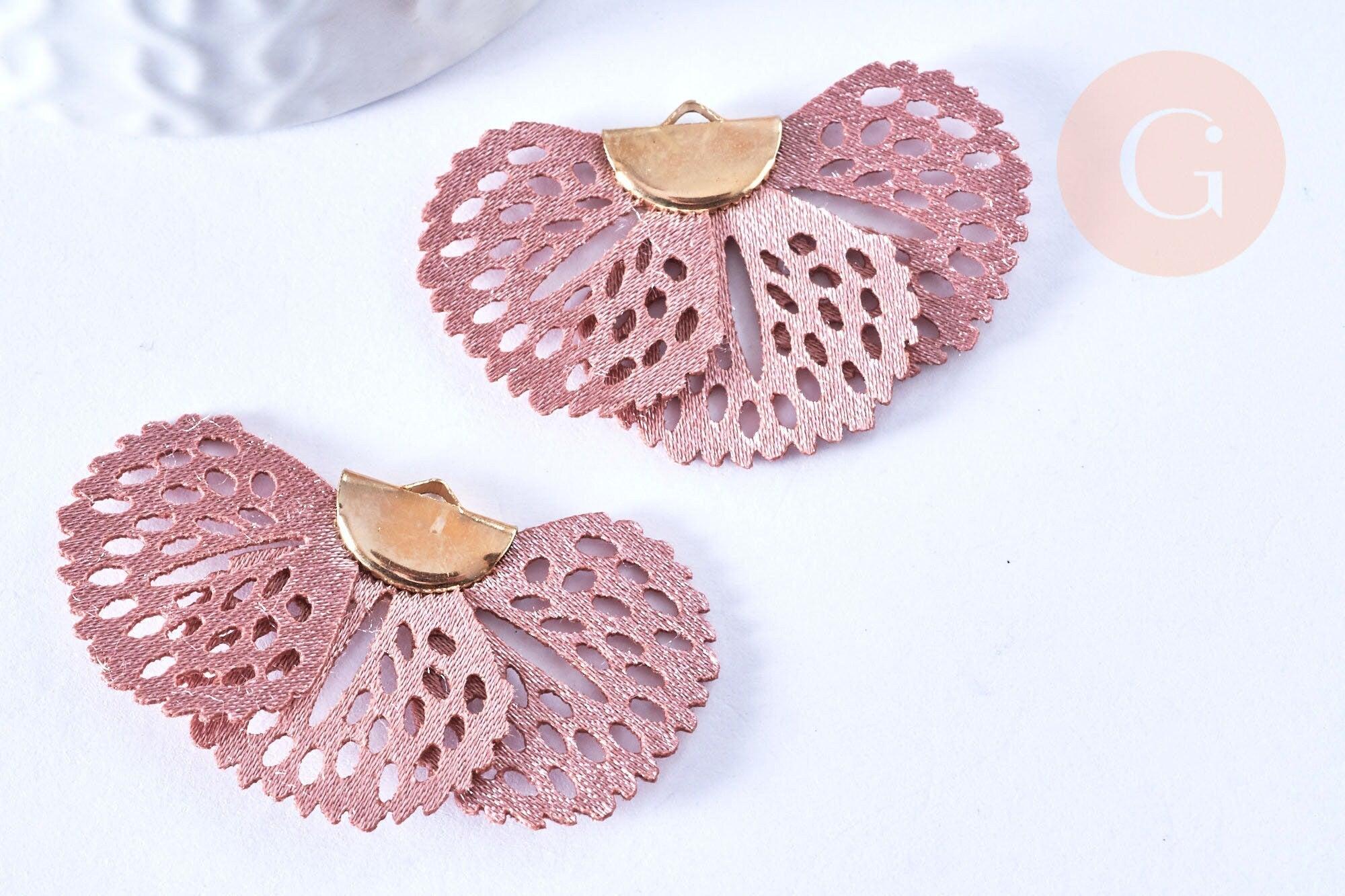 Pendentif fleur tissu soie vieux rose support doré,pendentif fleur en dentelle de tissu, 25x38mm, x2 (G5427)
