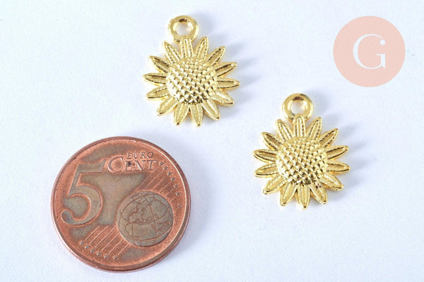 Pendentif fleur tournesol zamac doré 18.6mm, x1 (G5868)