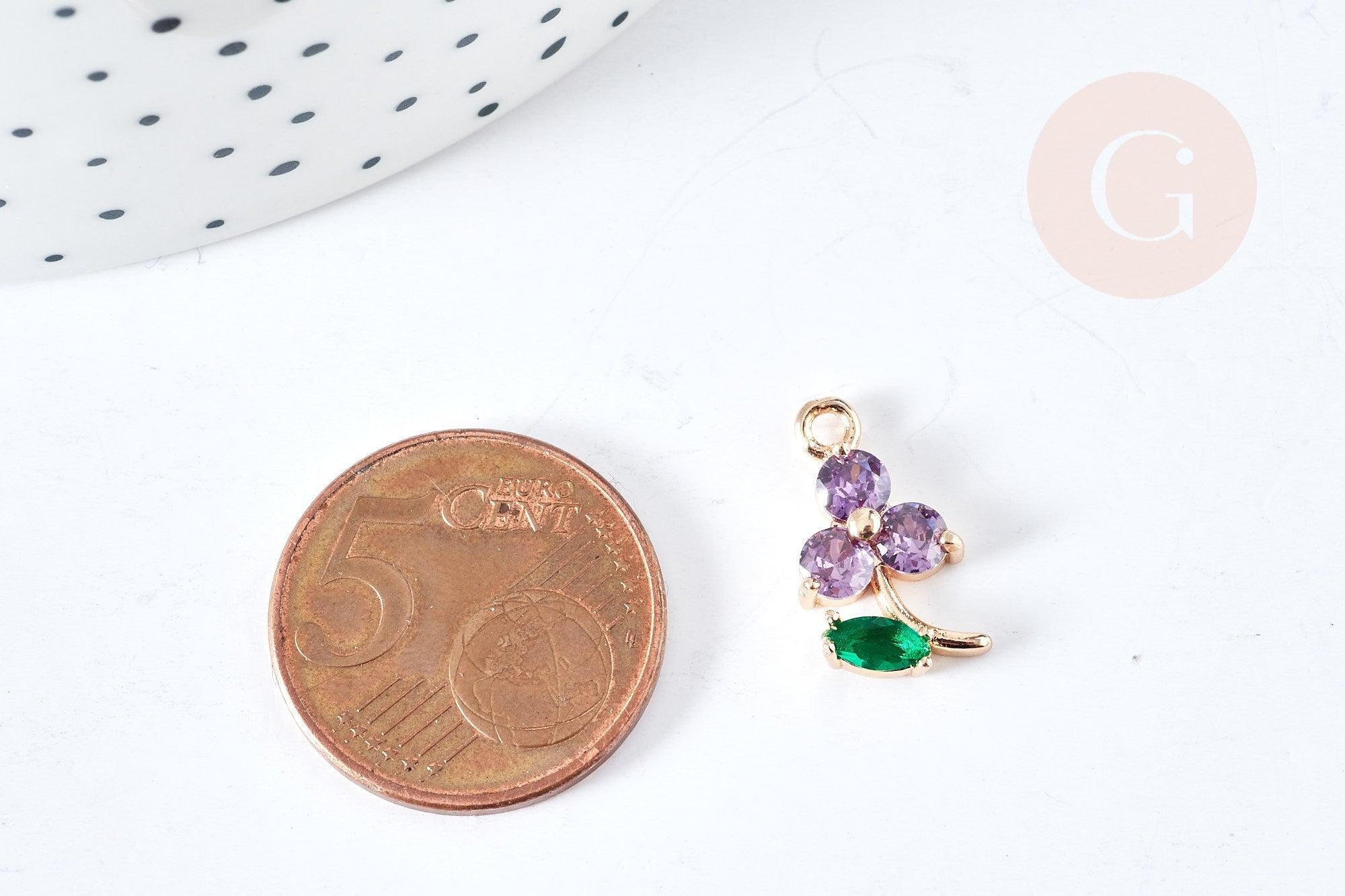 Pendentif fleur zircons violet laiton doré 17mm,pendentif fleurs création bijoux, x1 (G8404)