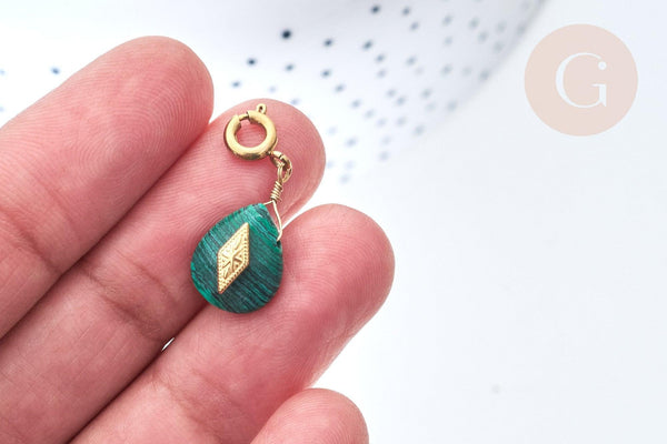 Pendentif goutte amulette imitation malachite acier inoxydable doré 21mm, pendentif pierre naturelle, x1 (G7628)