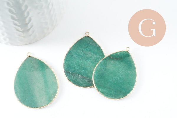 Pendentif goutte aventurine verte naturelle laiton doré 44mm, x1 (G9837)