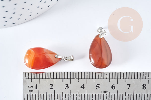 Pendentif goutte cornaline laiton platine 24mm, pendentif pierre argenté, bijou pendentif pierre naturelle, x1 (G8640)