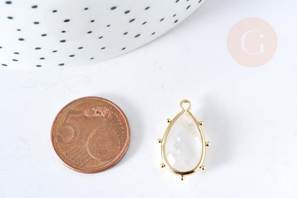 Pendentif goutte cristal de roche naturel laiton doré 22.5mm,pendentif bijou pierre naturelle, x1, G8365