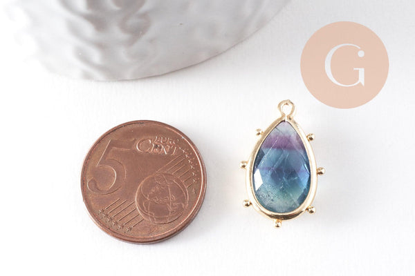 Pendentif goutte fluorite rayée naturelle laiton doré 22.5, pendentif en pierre naturelle, x1 (G9931)